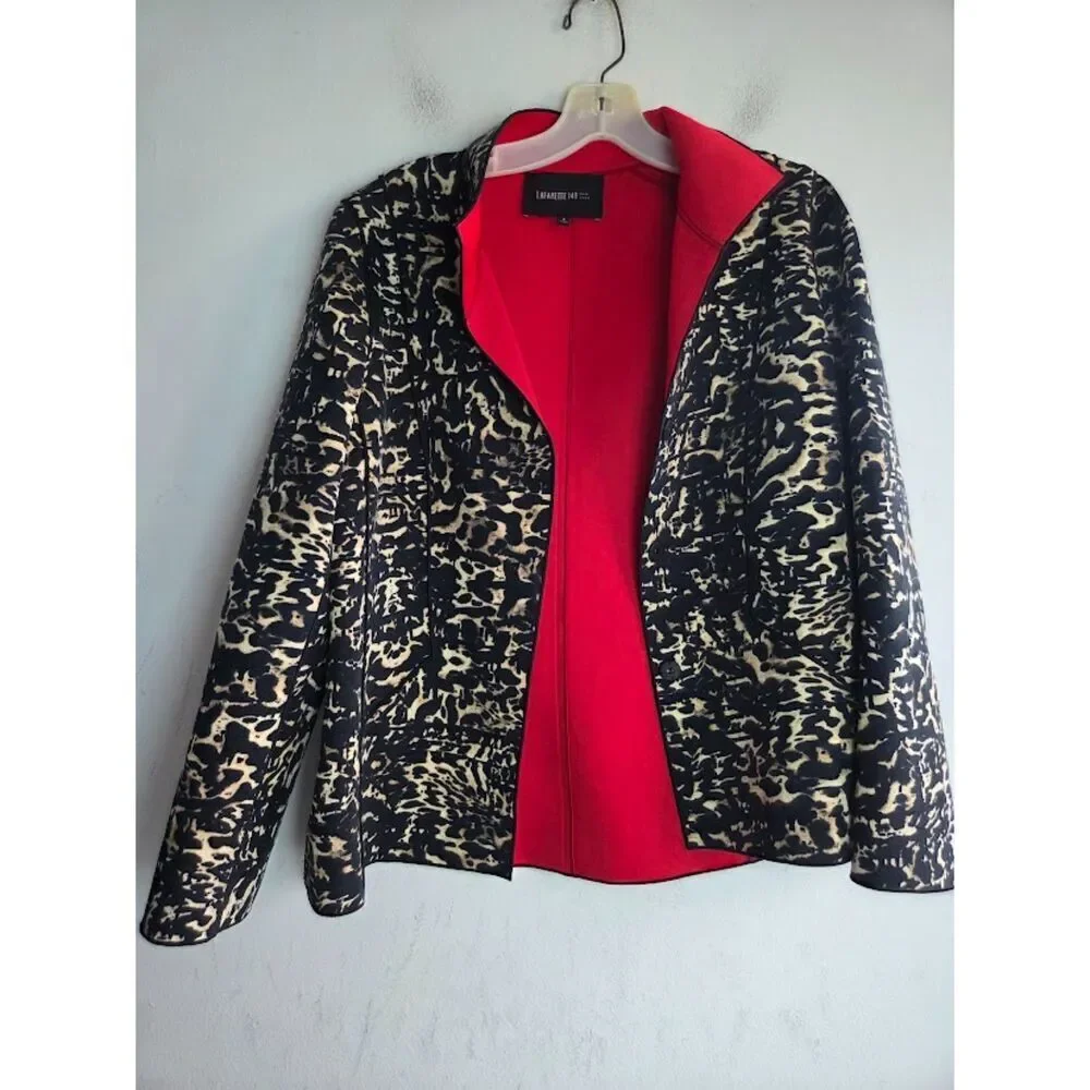 Lafayette 148 Black Leopard Print w/Red Lining Band Collar Blazer Jacket size 6
